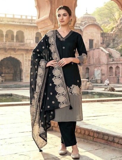 Black silk floral kurti set with detailed neckline embroidery