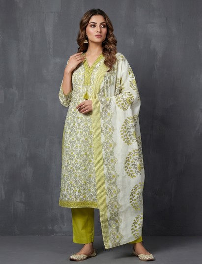 Lime green cotton floral kurti set with elegant dupatta