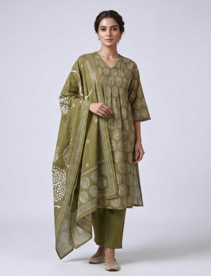 Mehendi olive cotton kurti set with traditional printed charm
