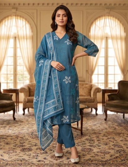 Stone blue cotton floral kurti set with elegant dupatta