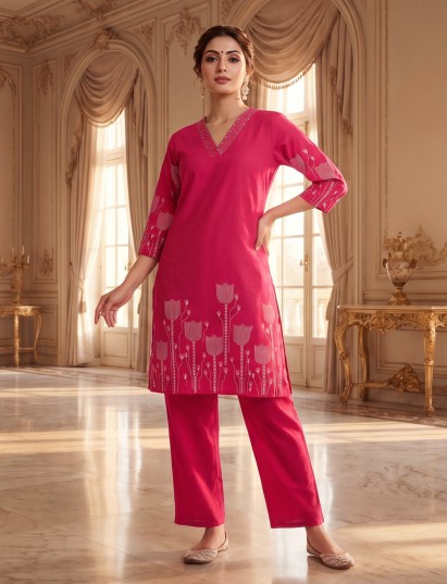 Rani pink cotton printed kurti set with casual elegance