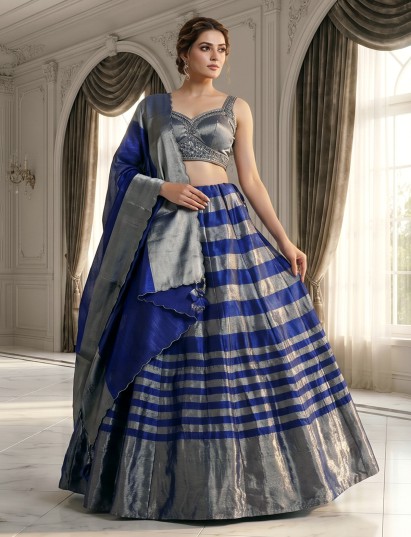 Blue grey silk lehenga choli with regal embellished charm