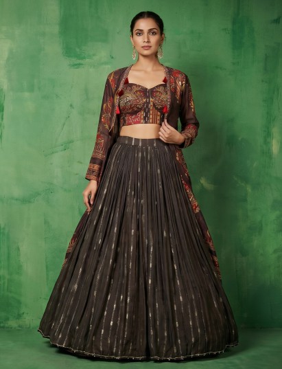 Charcoal black georgette lehenga set with designer jacket layer