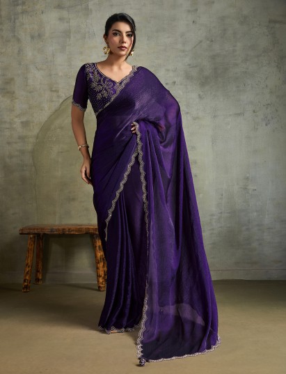 Luxurious purple chiffon reception partywear saree