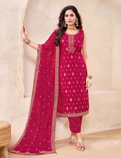 Magenta silk straight silhouette pant suit with dupatta