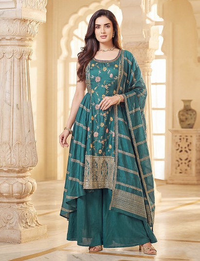 Rama green silk designer palazzo set with dupatta