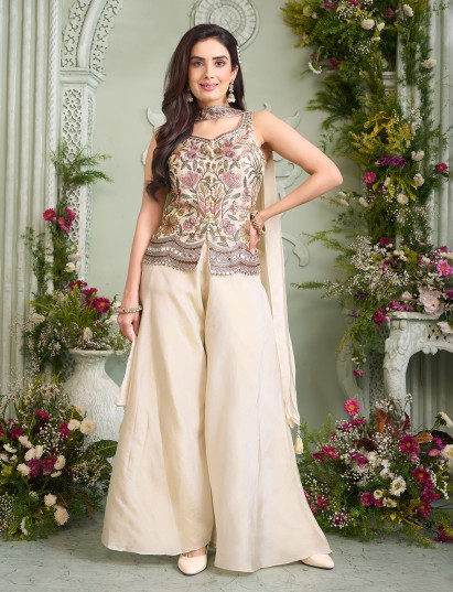 Cream silk elegant palazzo suit with detailed dupatta