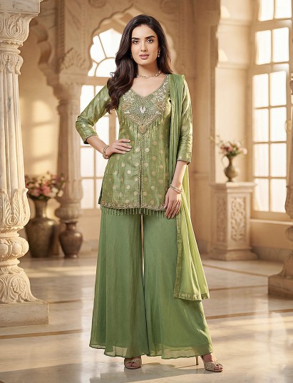Pista green silk yoke design palazzo suit ensemble