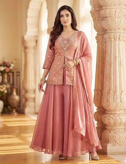Onion pink silk yoke pattern palazzo set