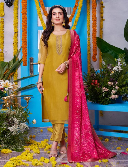 Yellow organza tissue festive straight suit with dupatta