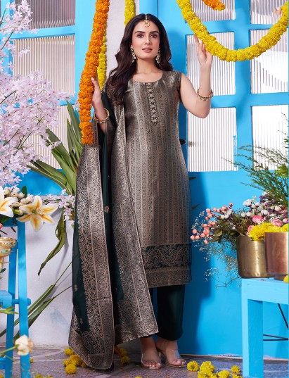 Bottle green brocade classic straight salwar suit