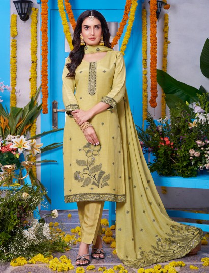 Dusty yellow soft silk festive straight salwar set