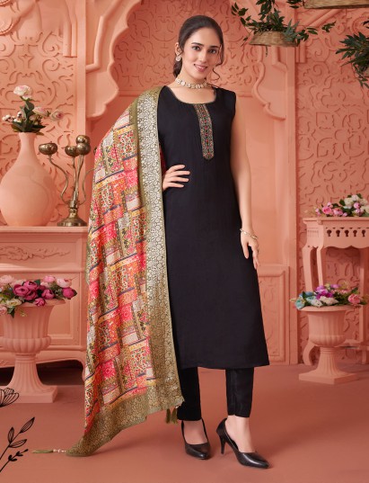 Black silk elegant straight salwar suit with dupatta
