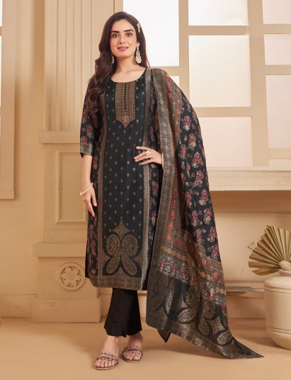 Black silk floral motif straight salwar suit