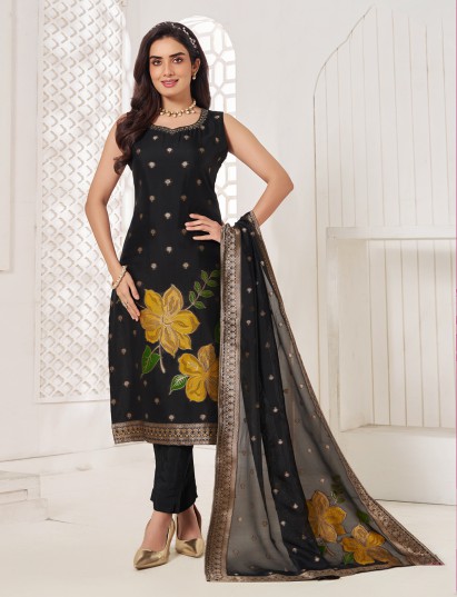 Black silk sweetheart neckline straight salwar suit