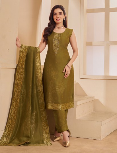 Mehendi green silk festive straight salwar ensemble