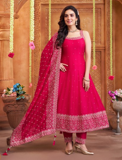 Magenta silk anarkali inspired salwar suit with dupatta