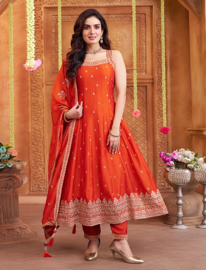 Rust orange silk anarkali inspired festive salwar suit