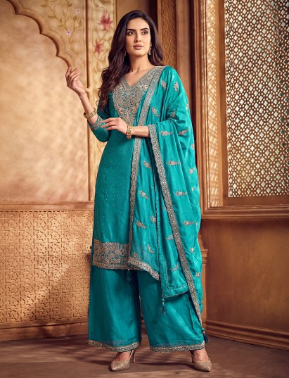 Aqua blue silk pakistani festive palazzo outfit