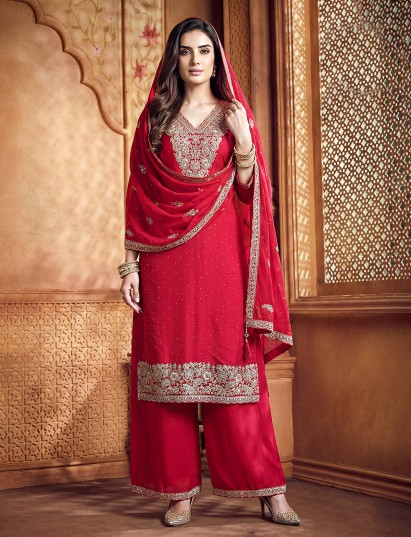 Red silk pakistani festive palazzo suit set