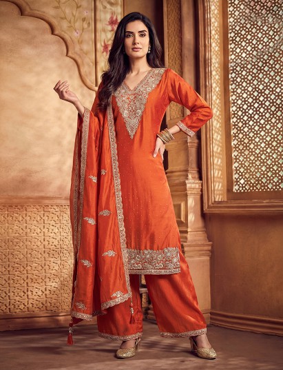 Rust orange silk pakistani style palazzo outfit