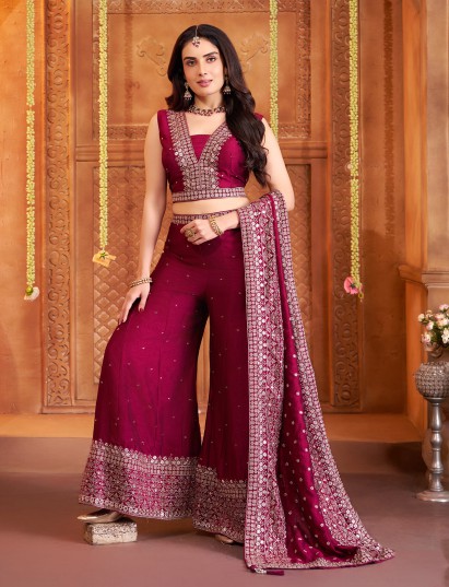 Wine silk sleeveless festive palazzo ensemble
