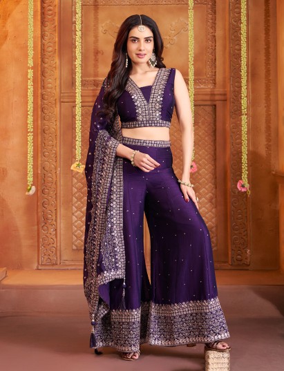 Purple silk sleeveless elegant palazzo suit set