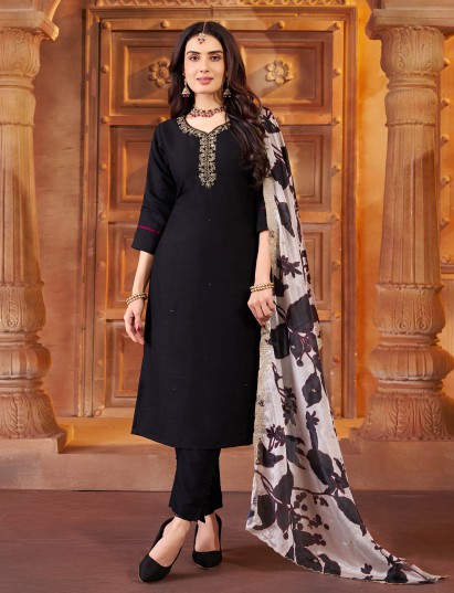 Black silk classic straight salwar suit with dupatta
