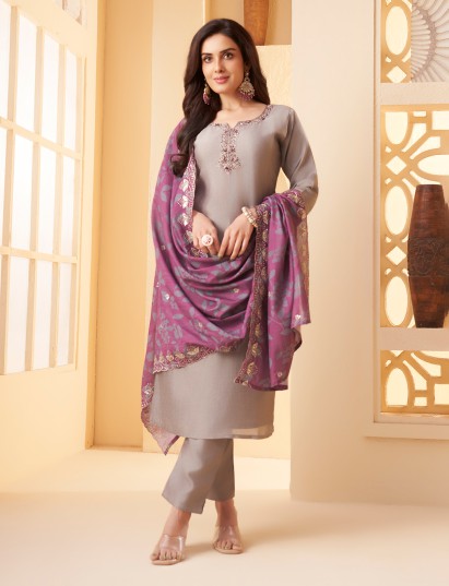 Grey silk subtle straight salwar suit with dupatta
