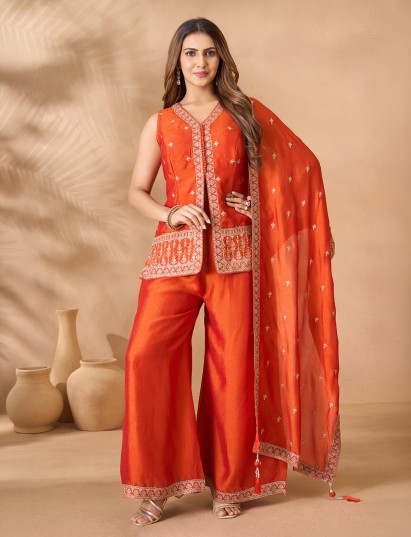 Orange silk vibrant palazzo suit with dupatta