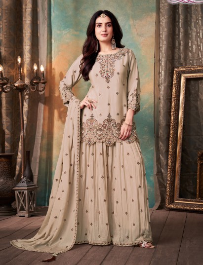 Beige chiffon georgette festive palazzo outfit
