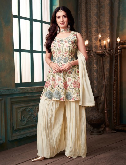 Cream chiffon elegant palazzo suit with dupatta