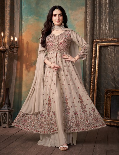 Pastel beige chiffon georgette anarkali ensemble