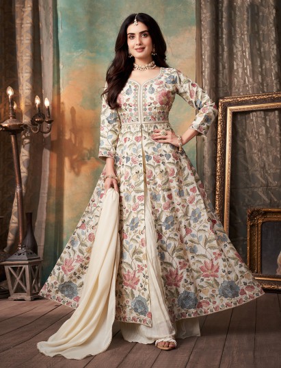 Cream silk anarkali style palazzo suit with dupatta