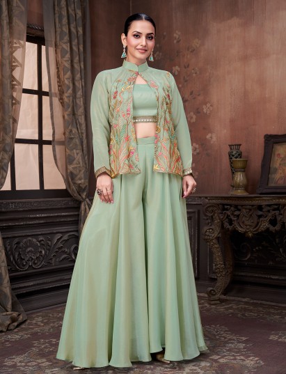 Pista green silk georgette designer palazzo ensemble