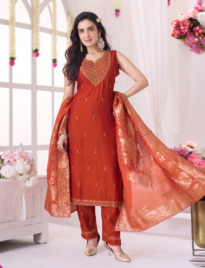 Orange silk straight salwar suit with zari dupatta