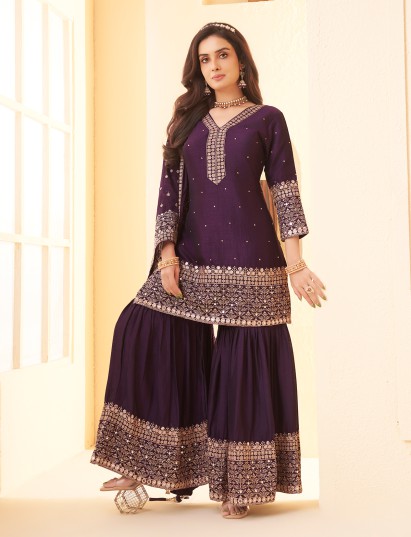 Purple silk festive sharara suit with dupatta
