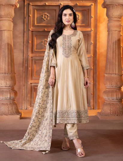 Beige silk anarkali style festive suit with dupatta