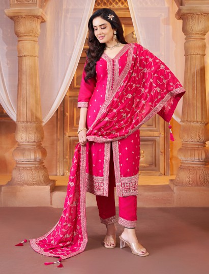 Rani pink silk elegant straight salwar ensemble