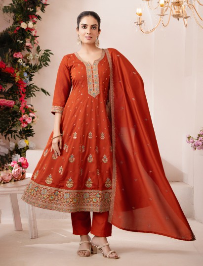 Orange silk straight cut festive salwar suit