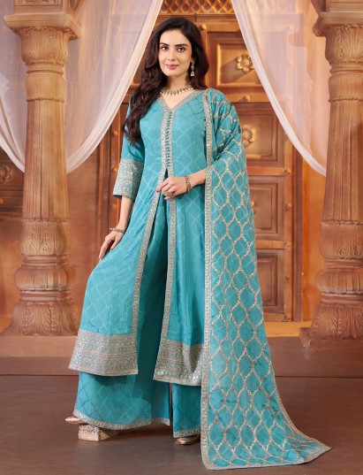 Aqua blue chiffon georgette festive palazzo ensemble