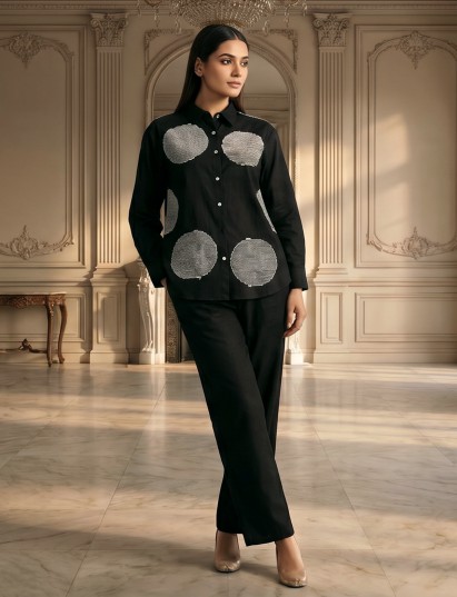 Black casual wear cotton co ord set with thread detailing