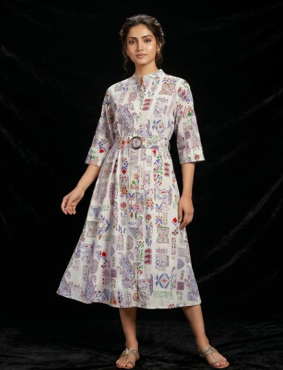 Off white cotton printed kurti with stand collar