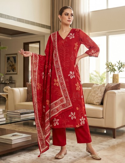Red festive cotton printed kurti set