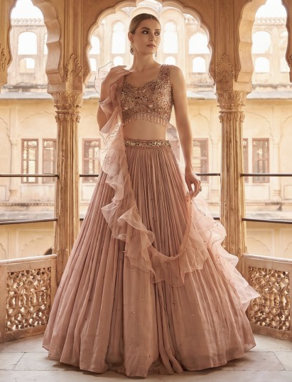 Onion pink lehenga choli with ruffle dupatta for festive occasions