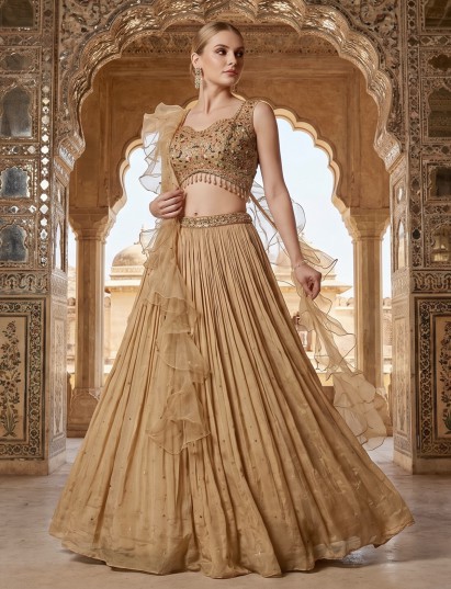 Dark beige lehenga choli with ruffle dupatta for party wear