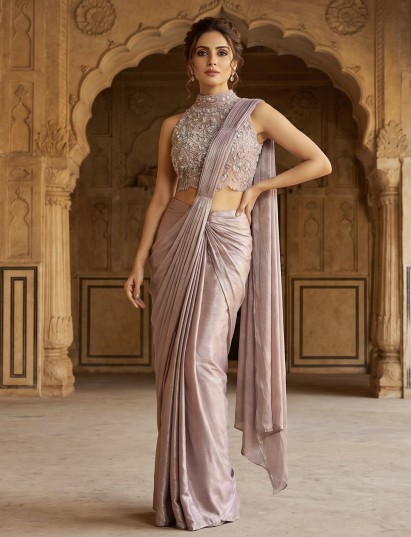 Elegant light pink chiffon ready saree with diamond shine