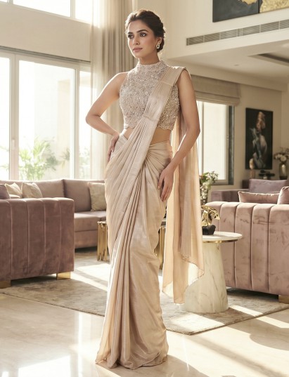 Cream chiffon georgette ready saree with subtle pearl accents