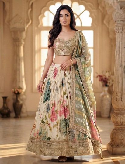 Cream silk floral lehenga choli with mirror work