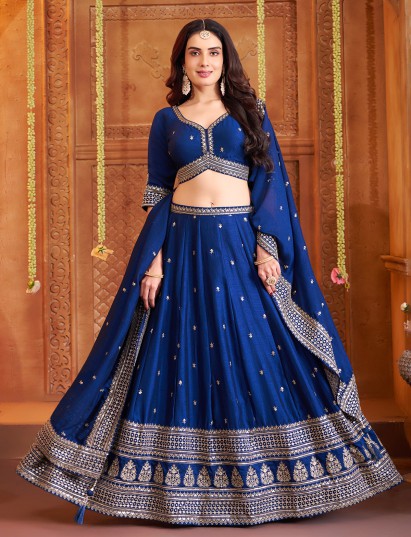 Royal blue silk designer lehenga with embellished dupatta